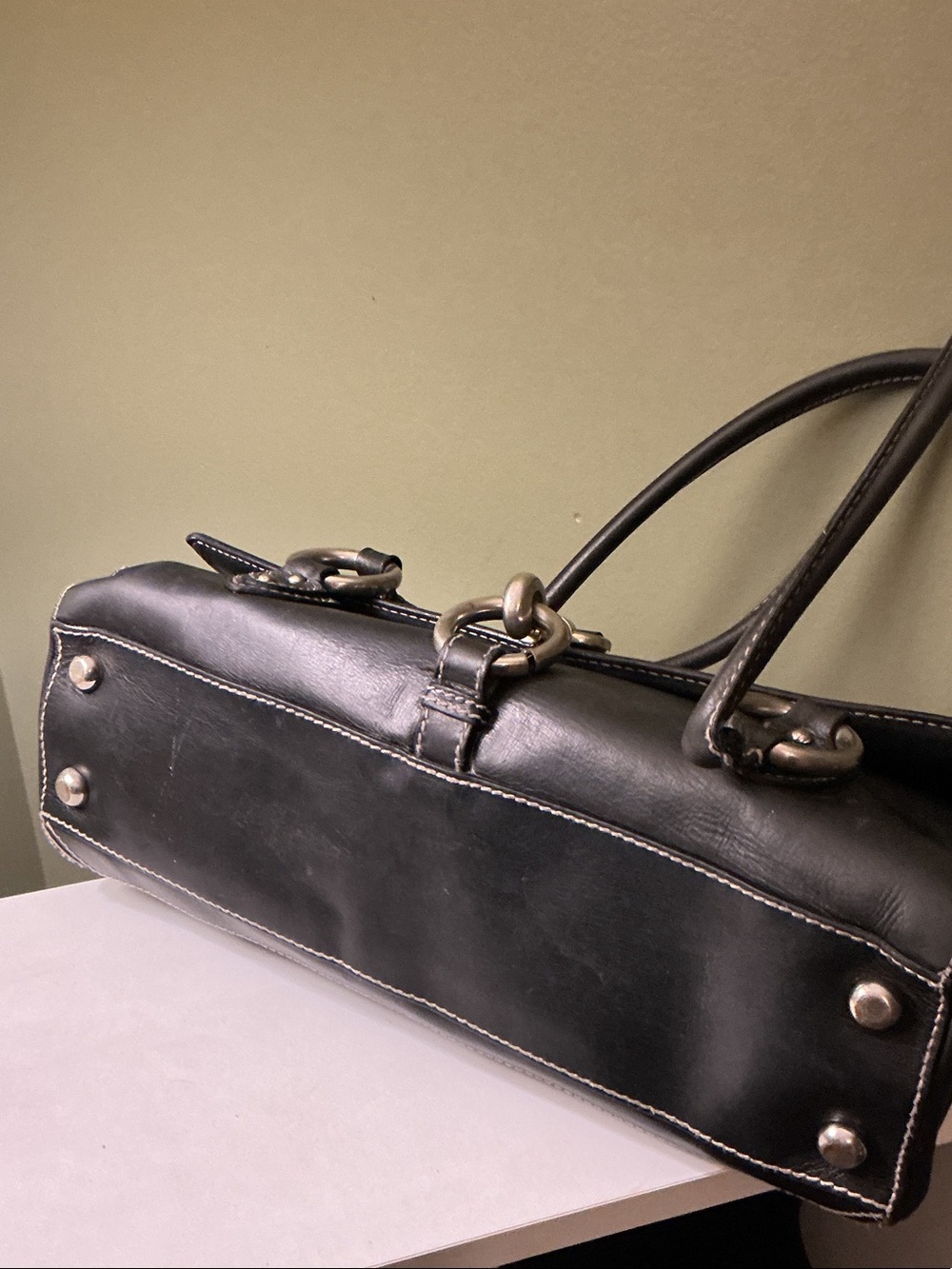 Marc Jacobs Vintage Black Leather Double-Handle Shoulder Bag Pink Stitching - Picture 12 of 13